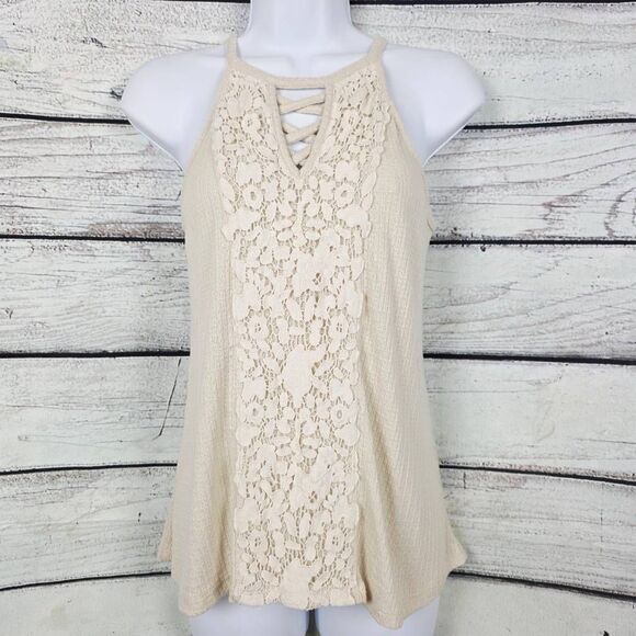 Daytrip Cream Knit Lace Front Tank Top Size S - Picture 2 of 10
